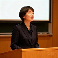 一位短发女教授的半身照，穿着深色正装，站在大学讲台前，身后是投影屏幕。